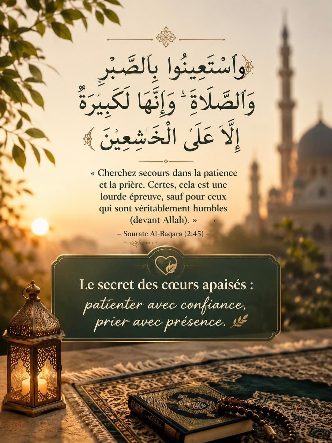 Méditation illustrée du verset 2:45 sur la patience et la prière, devant une mosquée au coucher du soleil.