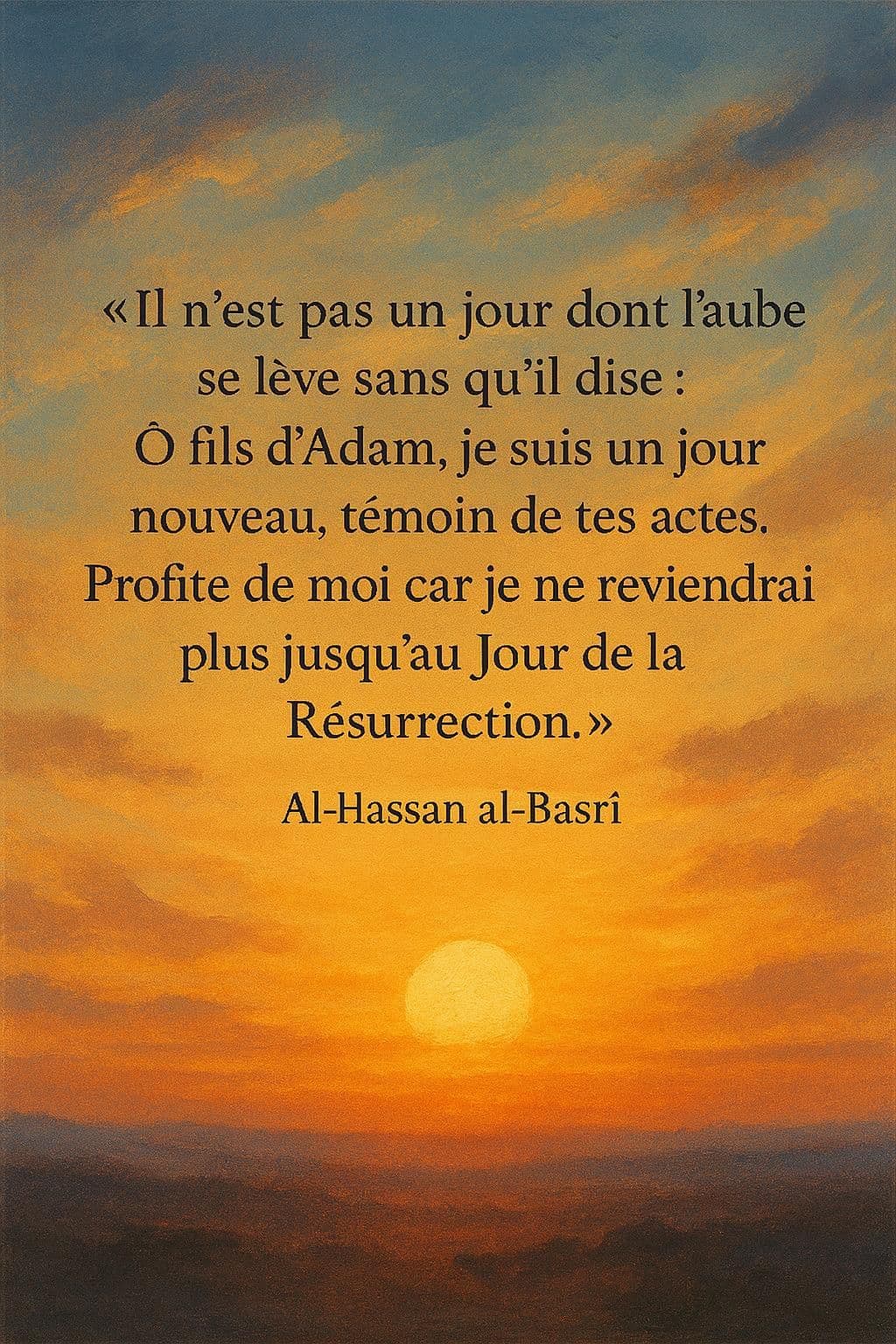 Lever de soleil accompagné d’une parole attribuée à Al-Hassan al-Basrî sur le jour nouveau.