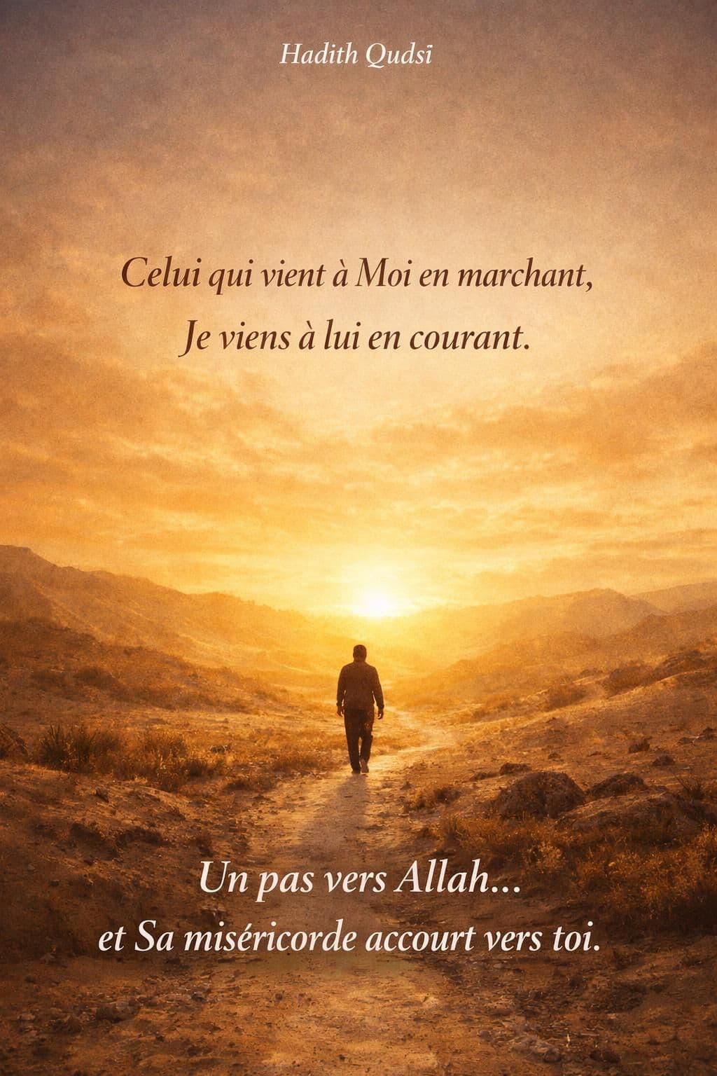 Silhouette marchant sur un chemin de lumière accompagnée d’un hadith qudsî sur le retour vers Allah.